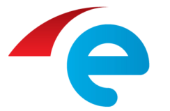 Logo ePUAP, niebieska mała litera „e”, nad nią w lewym górnym rogu czerwony trójkąt stylizowany na żagiel zwężający się ku górze.